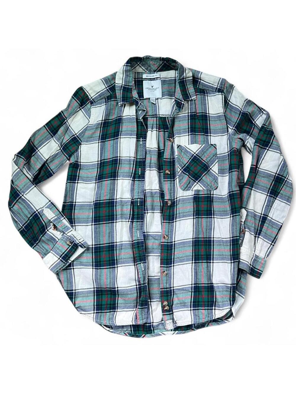 American Eagle Outfitters white, green, and blue and red plaid flannel shirt